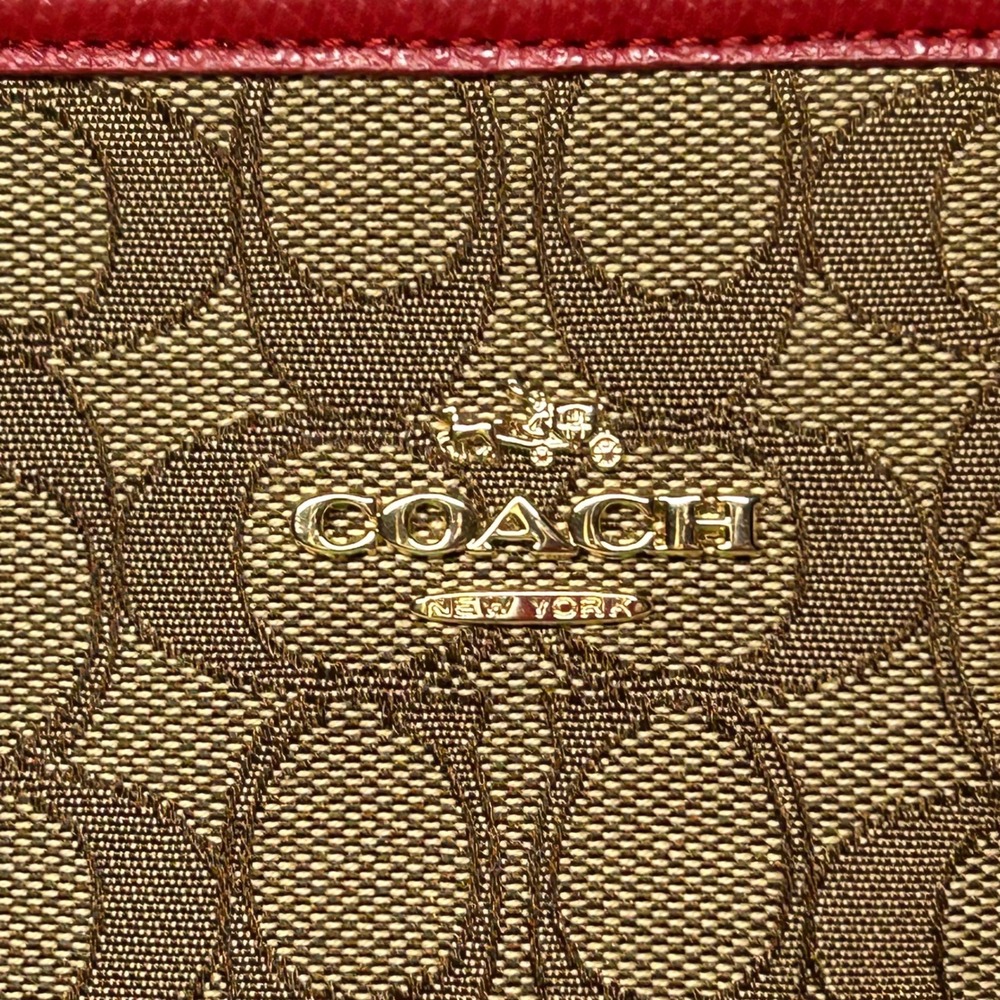 Coach Signature Gallery Tote Khaki Red Leather Trim Canvas Shoulder Bag F55364 - Picture 2 of 15